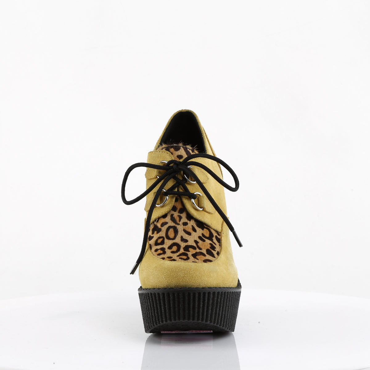 DemoniaCult Womens Low Shoe CREEPER-304 Mustard Vegan Suede-Leopard Printed Ponly Hair