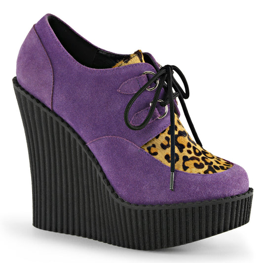 DemoniaCult Womens Low Shoe CREEPER-304 Purple Vegan Suede-Leopard Printed Pony Hair
