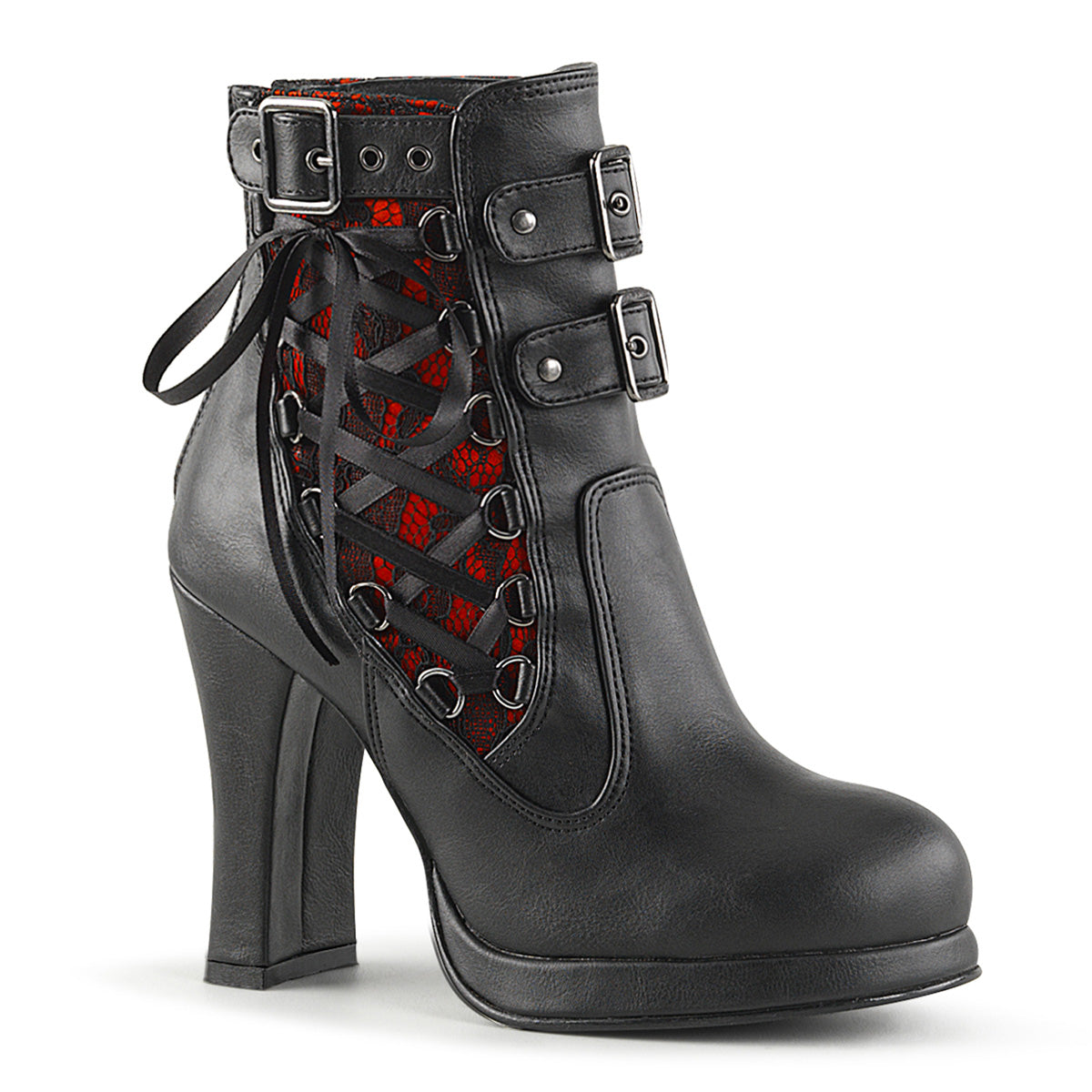 DemoniaCult Bottes de cheville des femmes CRYPTO-51 cuir végétalien en dentelle BLK-RED