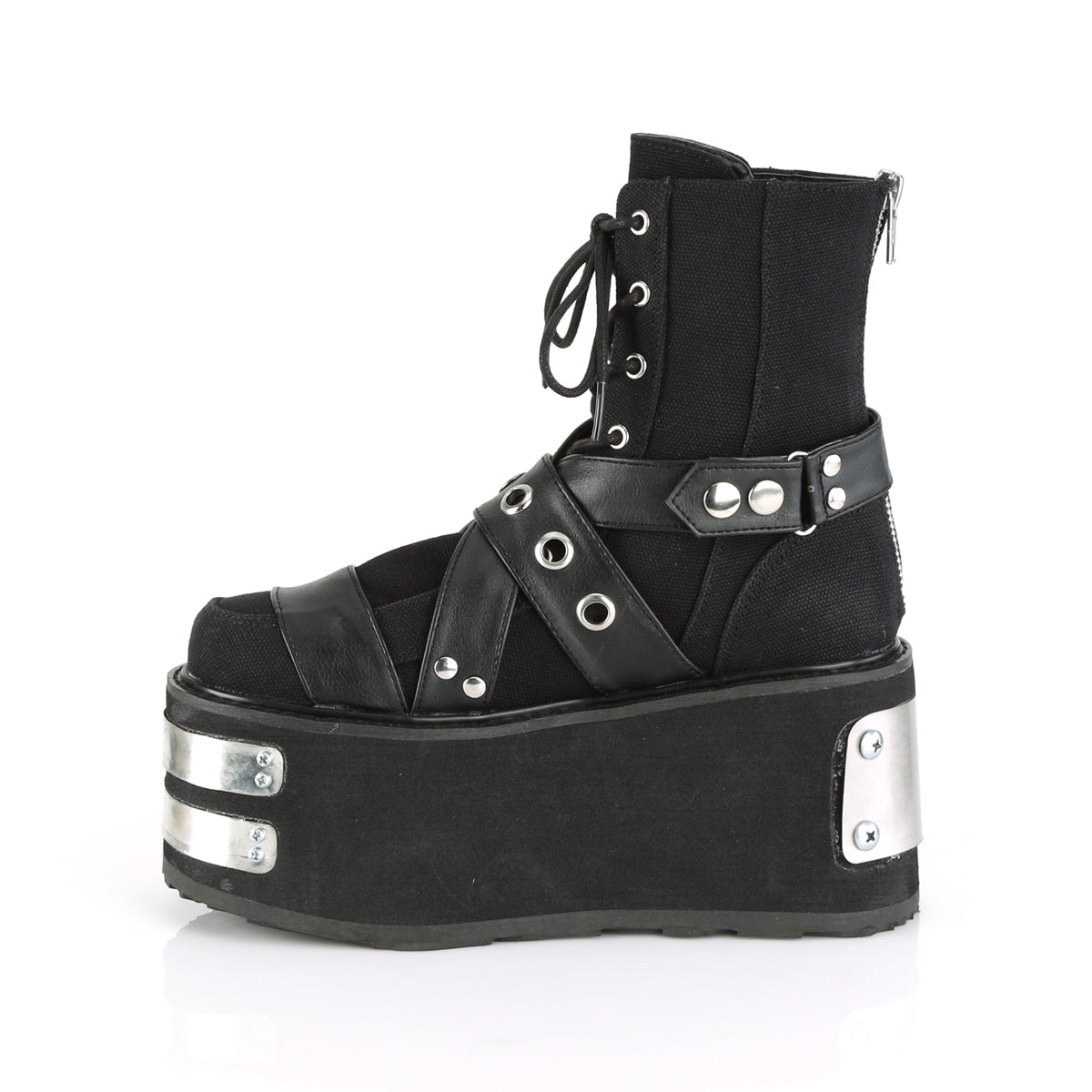 DemoniaCult Womens Ankle Boots DAMNED-116 Blk Canvas-Vegan Leather