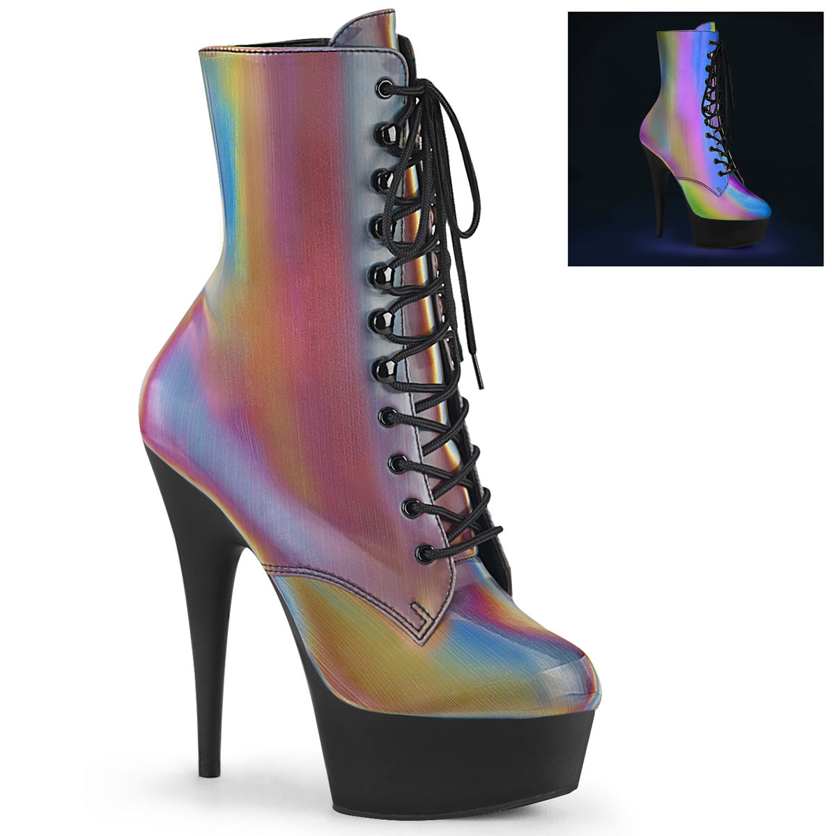 Pleaser Womens Ankle Boots DELIGHT-1020REFL Rainbow Reflective/Blk Matte