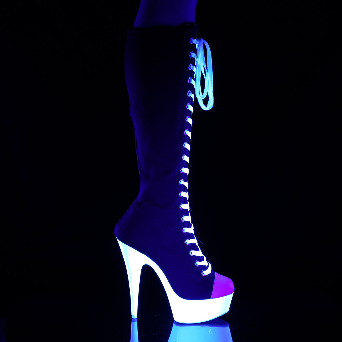Pleaser Womens Boots DELIGHT-2000SK-02 Blk Canvas-White Faux Leather/Neon White