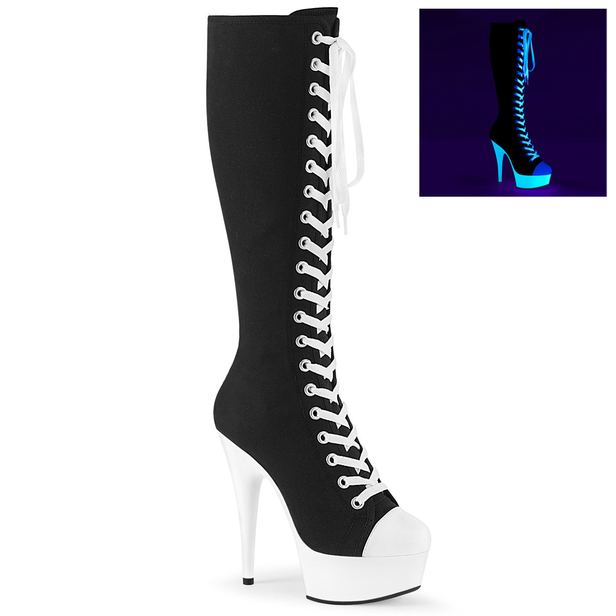 Pleaser Bottes pour femmes DELIGHT-2000sk-02 Black Toile-Blanc Cuir / Néon Blanc