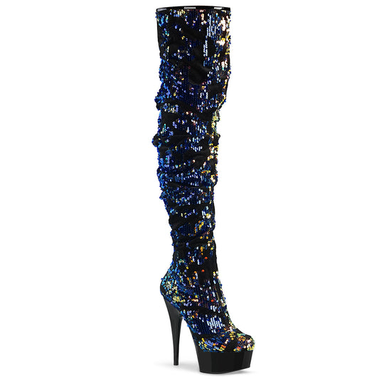 Pleaser Bottes pour femmes DELIGHT-3004 paillettes irescentes bleues / blk