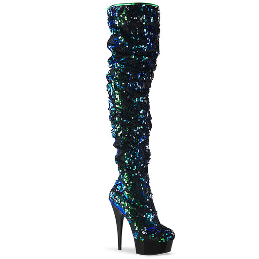 Pleaser Bottes pour femmes DELIGHT-3004 paillettes irescentes vertes / blk