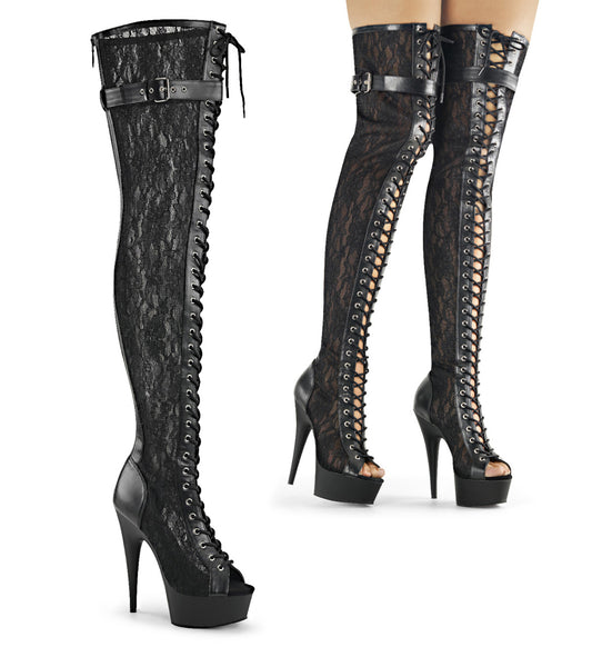 Pleaser Bottes pour femmes DELIGHT-3025ml Blk Faux en cuir-maillage-dentelle / blk mat