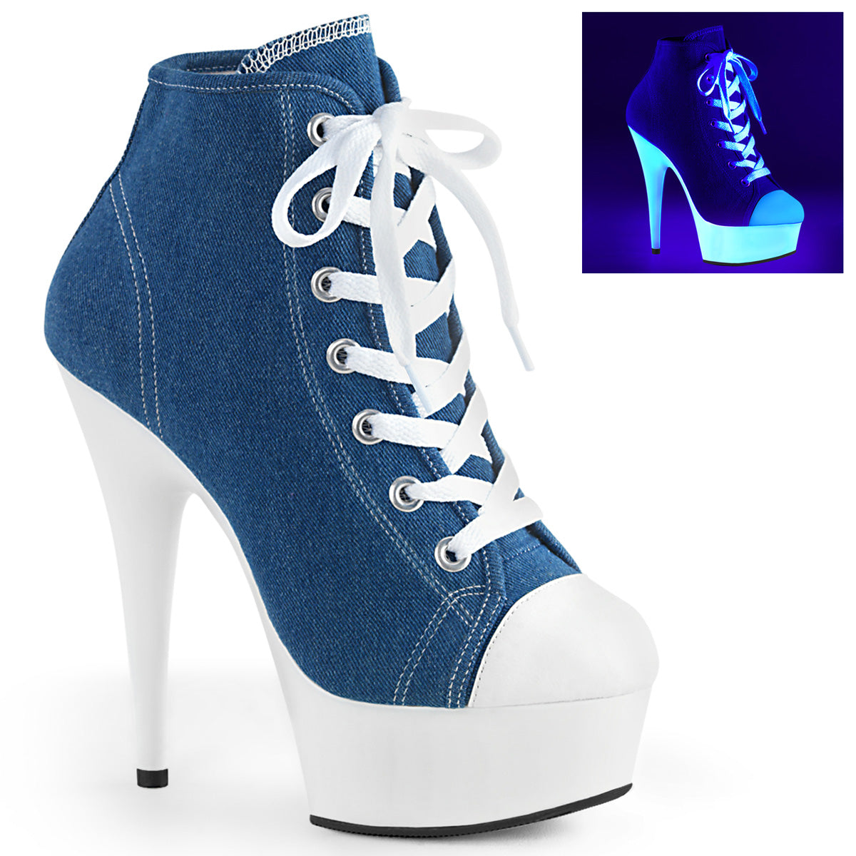 Pleaser Womens Ankle Boots DELIGHT-600SK-02 Denim Blue Canvas/Neon White