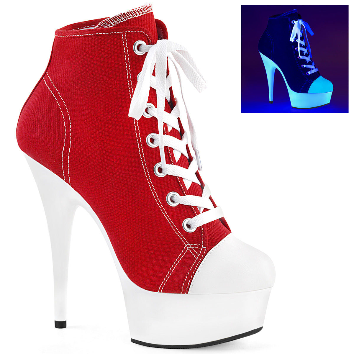 Pleaser Bottines pour femmes DELIGHT-600sk-02 toile rouge / néon blanc