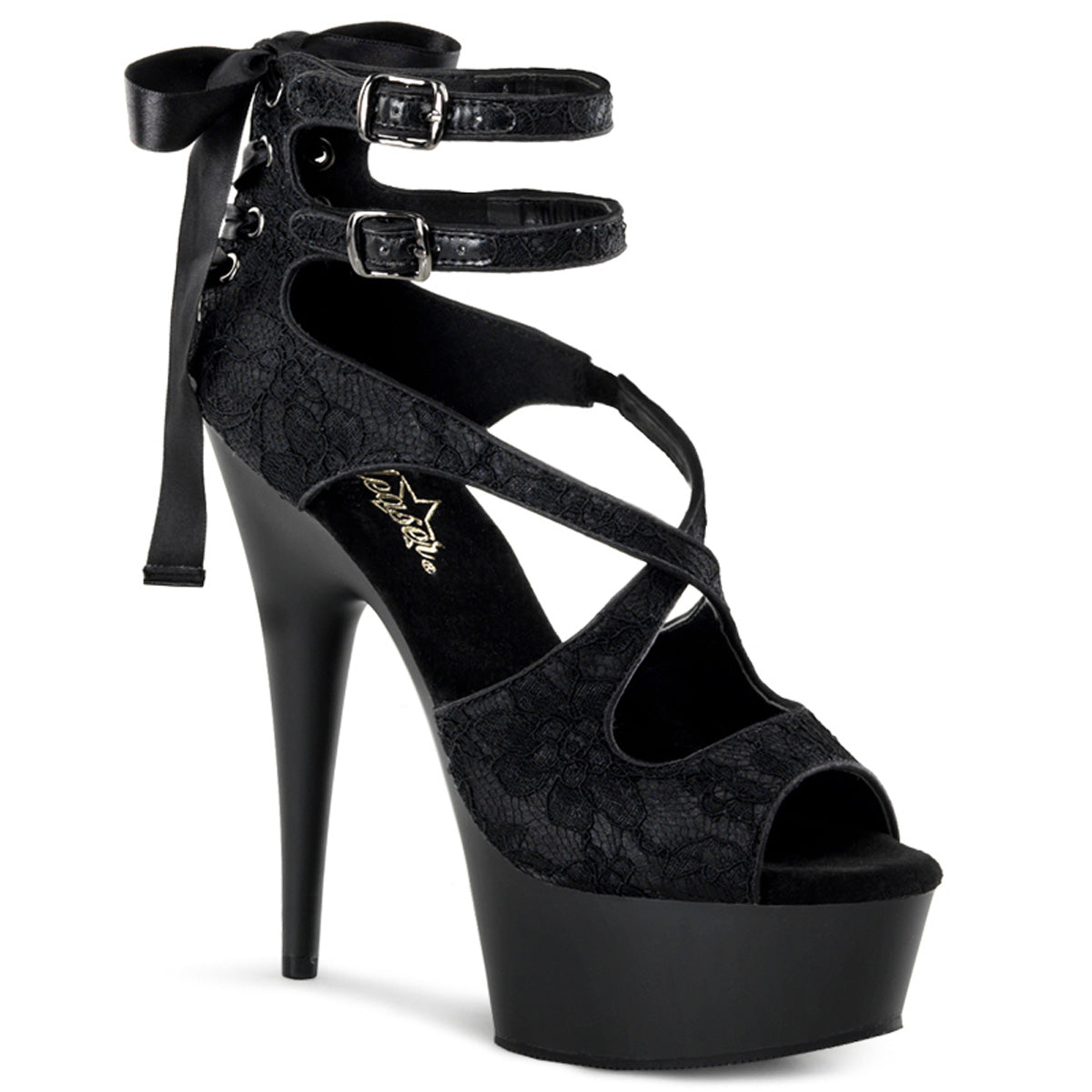 Pleaser Sandales pour femmes DELIGHT-678LC blk satin-dentelle / blk mat
