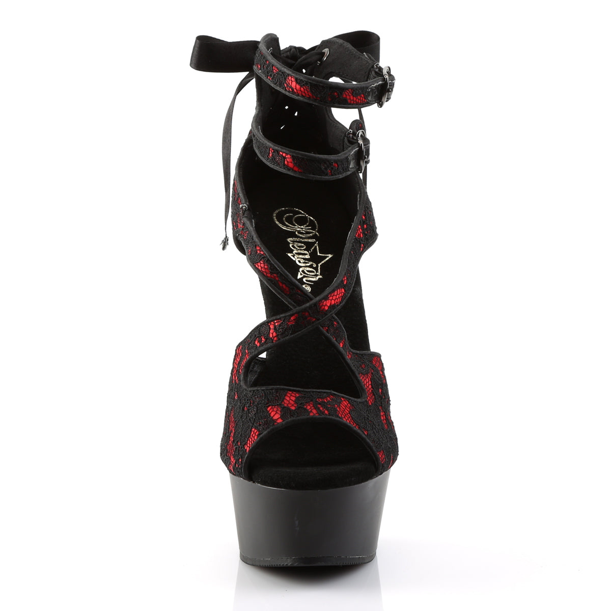 Pleaser Sandales pour femmes DELIGHT-678LC rouge satin-dentelle / blk mat