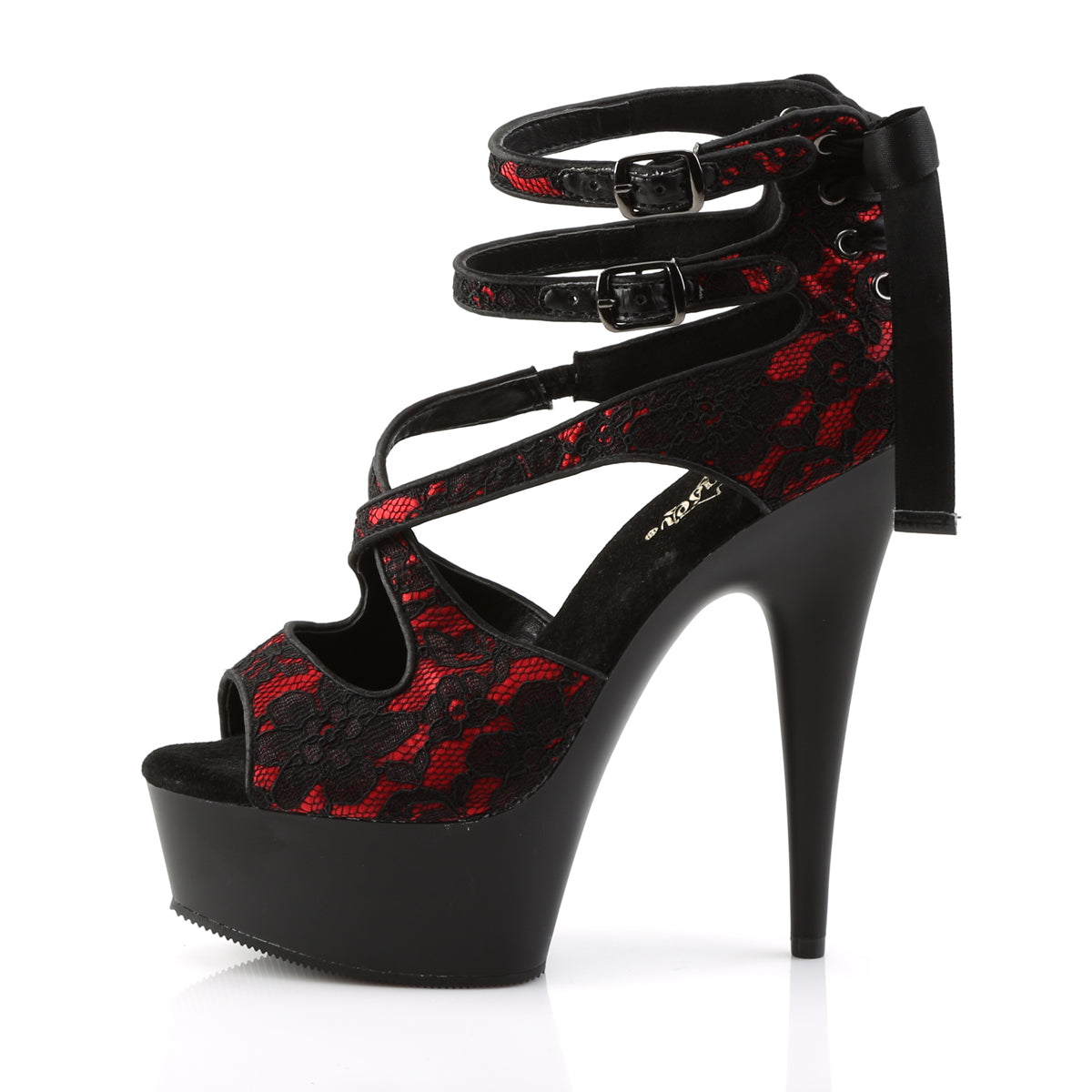 Pleaser Sandales pour femmes DELIGHT-678LC rouge satin-dentelle / blk mat