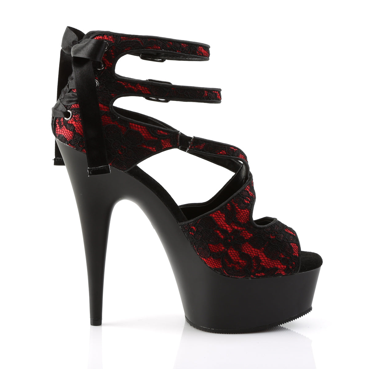 Pleaser Sandales pour femmes DELIGHT-678LC rouge satin-dentelle / blk mat