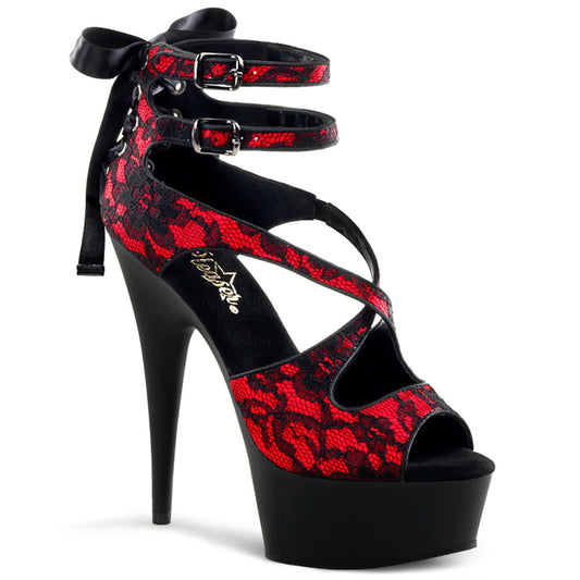 Pleaser Sandales pour femmes DELIGHT-678LC rouge satin-dentelle / blk mat