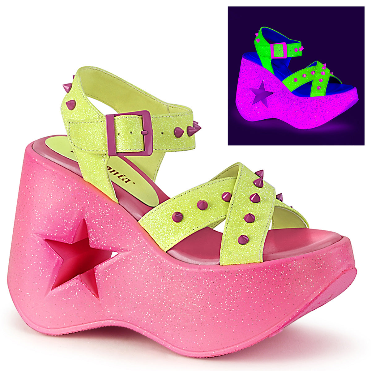 DemoniaCult Sandales féminines DYNAMITE-02 paillettes jaunes néon / rose