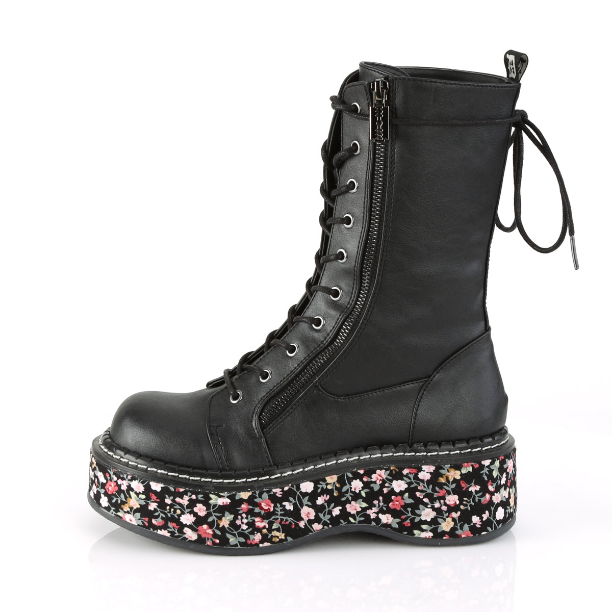 DemoniaCult Womens Boots EMILY-350 Blk Vegan Leather-Floral Fabric