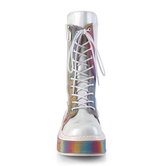 DemoniaCult Womens Boots EMILY-350 Wht Brushed Hologram Vegan Leather-Rainbow Reflective