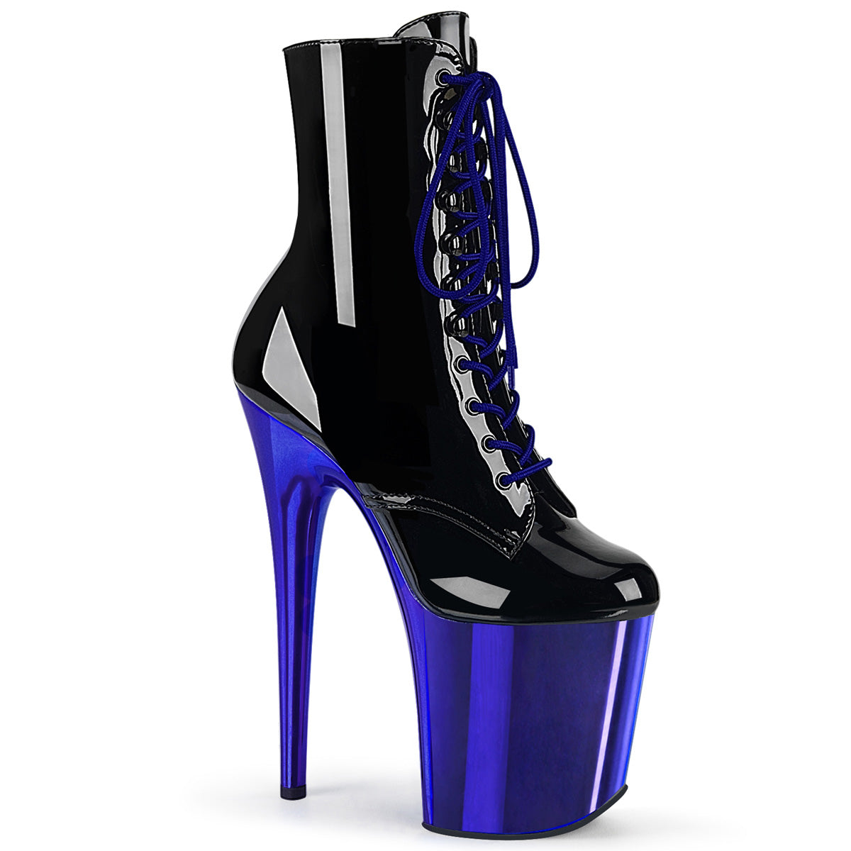 Pleaser Bottines pour femmes FLAMINGO-1020 Blk Pat / chrome bleu royal