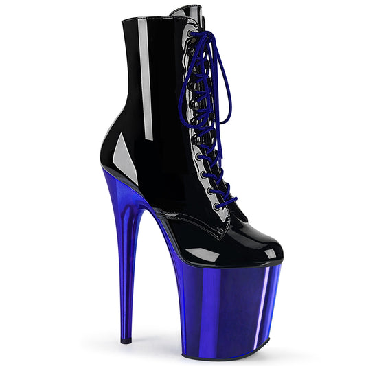 Pleaser Bottines pour femmes FLAMINGO-1020 Blk Pat / chrome bleu royal