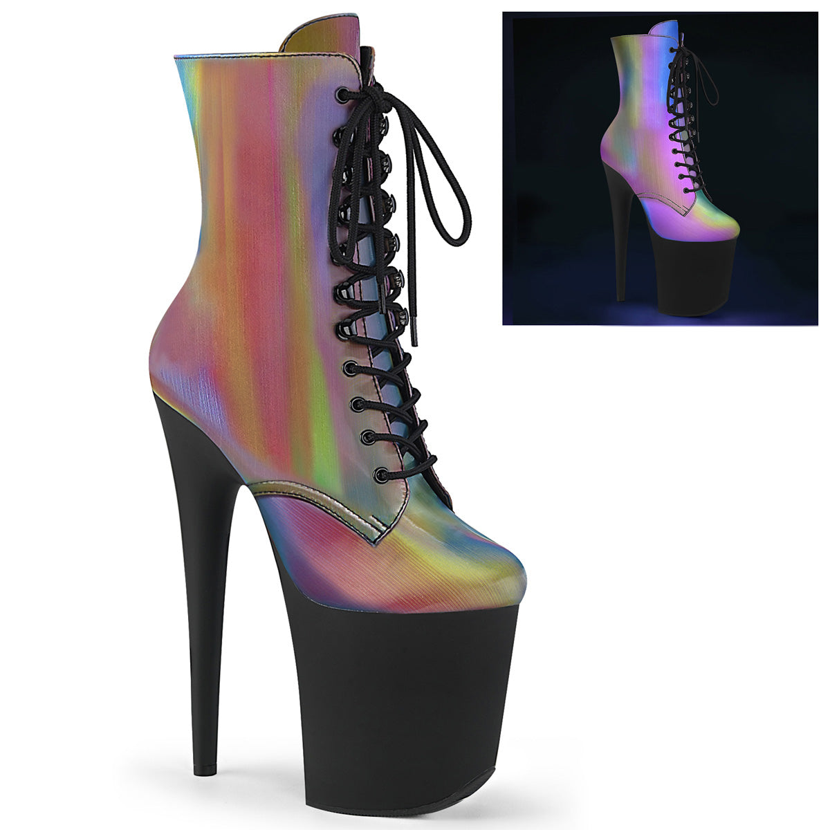 Pleaser Womens Ankle Boots FLAMINGO-1020REFL Rainbow Reflective/Blk Matte