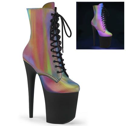 Pleaser Womens Ankle Boots FLAMINGO-1020REFL Rainbow Reflective/Blk Matte