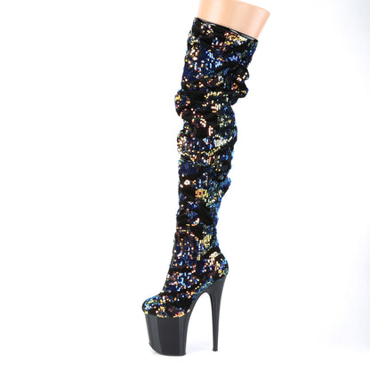 Pleaser Bottes pour femmes FLAMINGO-3004 paillettes irescentes bleues / blk