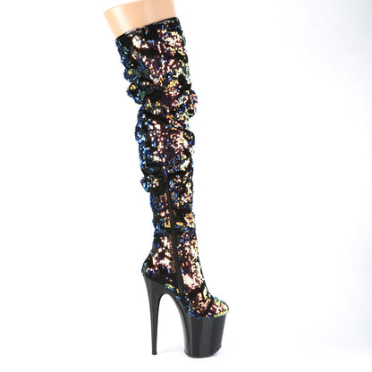 Pleaser Bottes pour femmes FLAMINGO-3004 paillettes irescentes bleues / blk