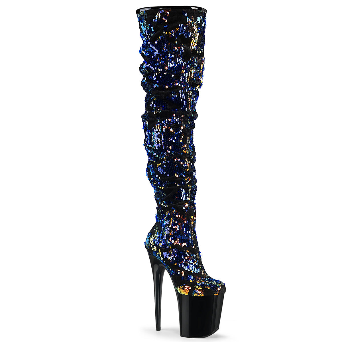 Pleaser Bottes pour femmes FLAMINGO-3004 paillettes irescentes bleues / blk