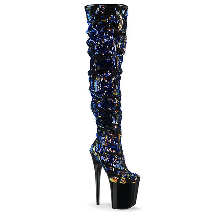 Pleaser Bottes pour femmes FLAMINGO-3004 paillettes irescentes bleues / blk