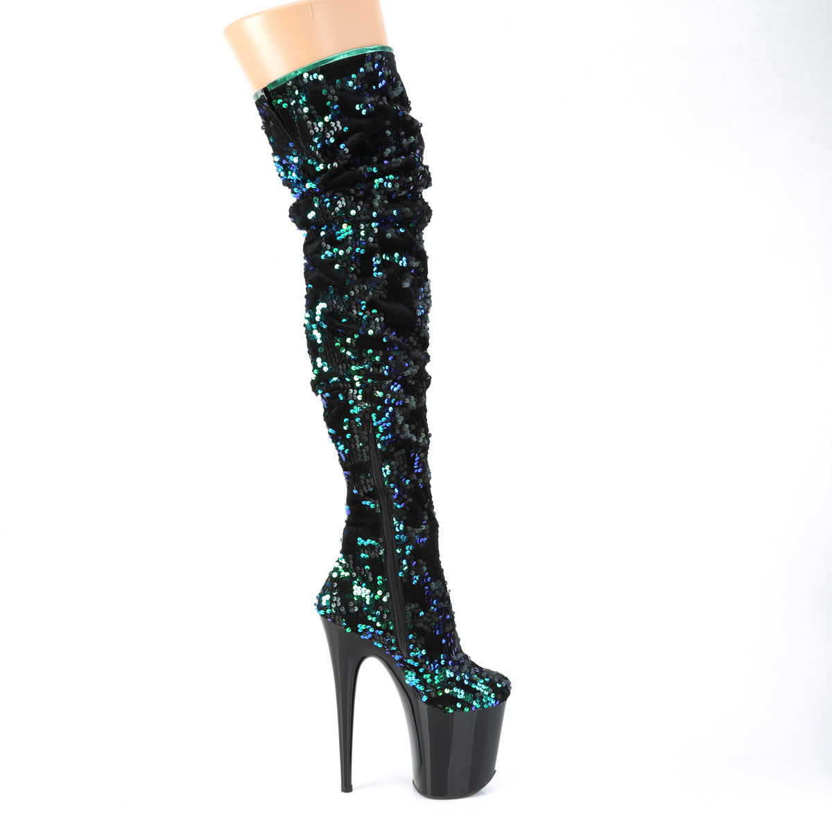 Pleaser Bottes pour femmes FLAMINGO-3004 paillettes irescentes vertes / blk