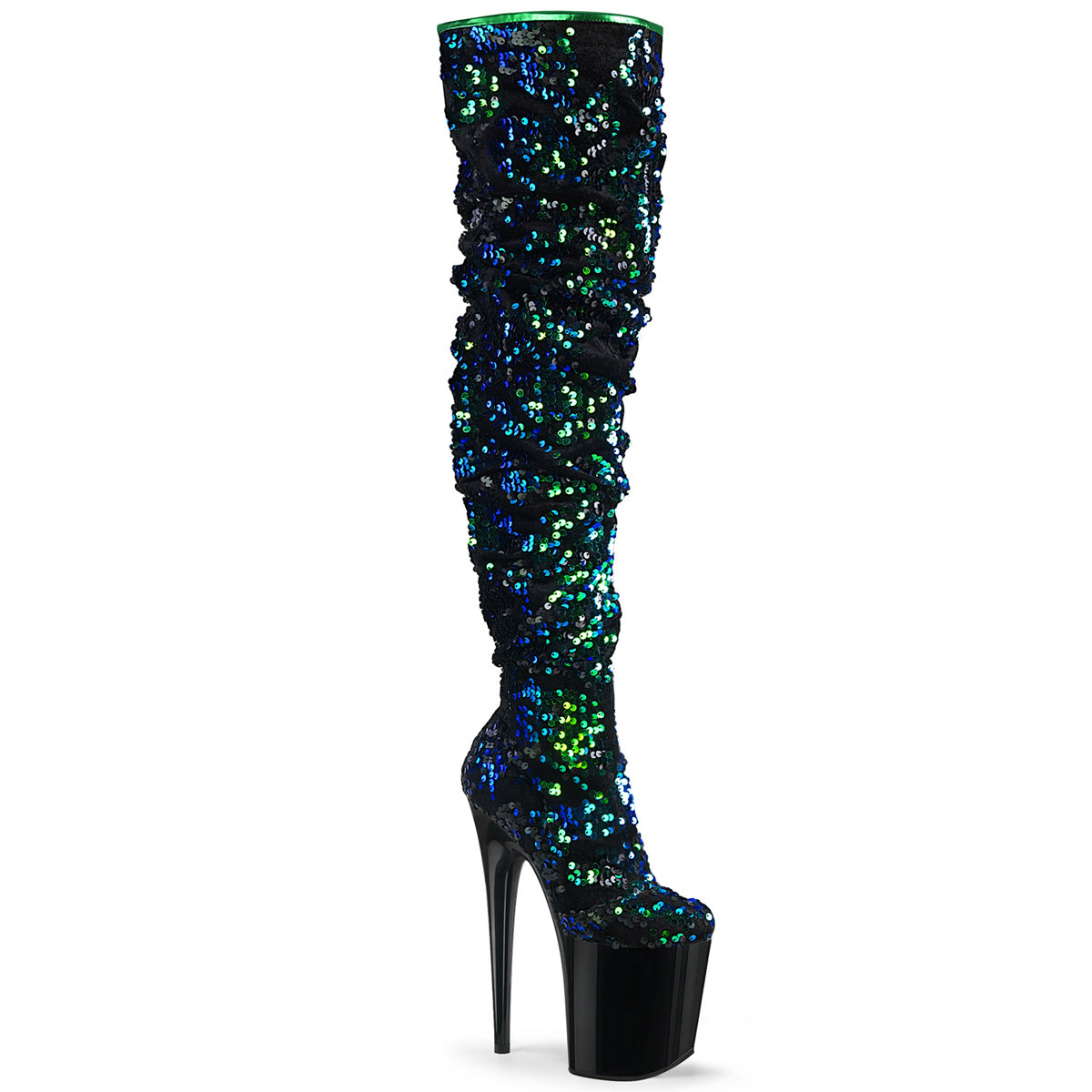 Pleaser Bottes pour femmes FLAMINGO-3004 paillettes irescentes vertes / blk