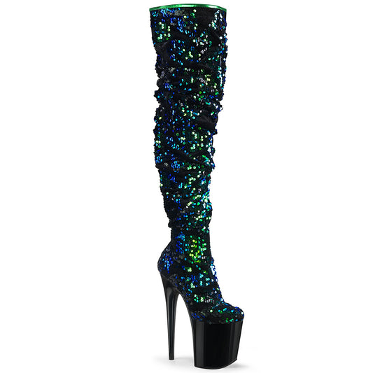 Pleaser Bottes pour femmes FLAMINGO-3004 paillettes irescentes vertes / blk