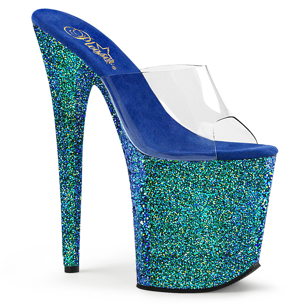 Pleaser Sandales pour femmes FLAMINGO-801LG CLR / Blue Holo Glitter