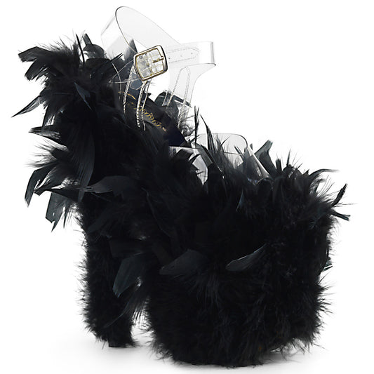 Pleaser Sandales pour femmes FLAMINGO-808F CLR / BLK Marabou Feather