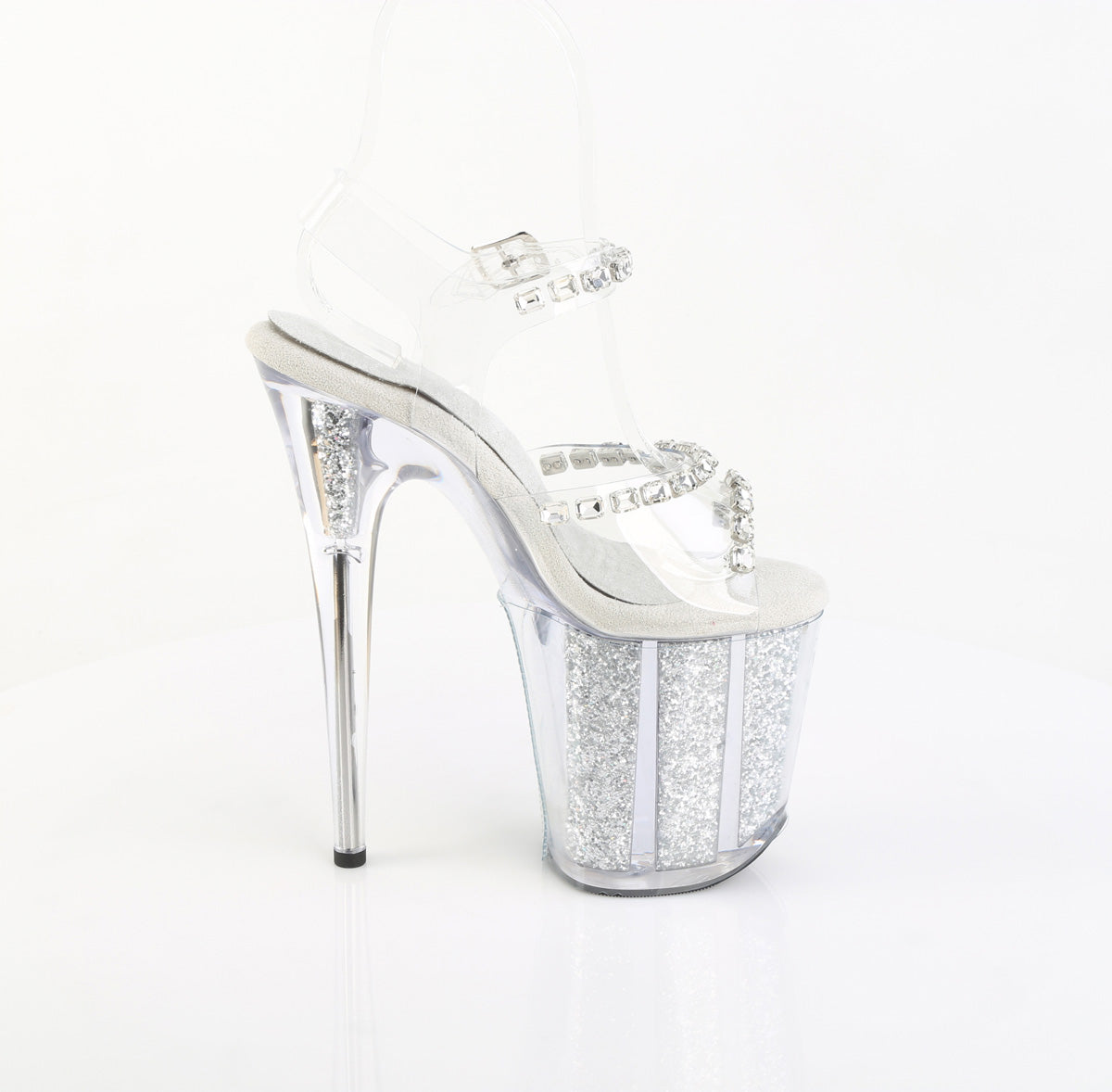 Pleaser Women's Platform Shoes FLAMINGO-808PREM-STN Clr TPU/Slv Glitter Ins