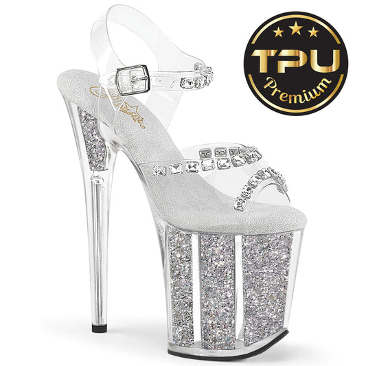 Pleaser Women's Platform Shoes FLAMINGO-808PREM-STN Clr TPU/Slv Glitter Ins