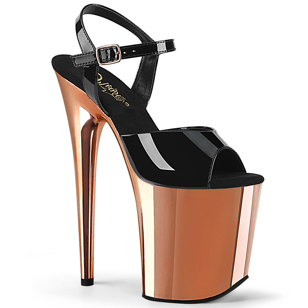 Pleaser Womens Sandals FLAMINGO-809 Blk Pat/Rose Gold Chrome
