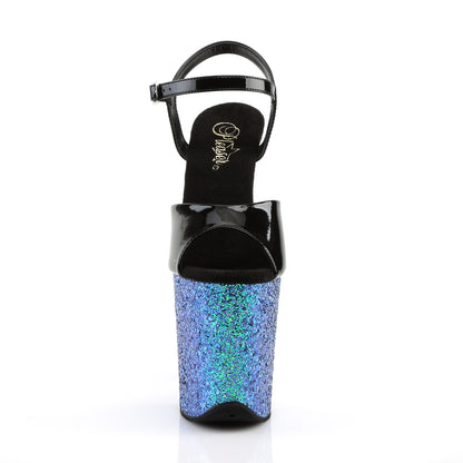 Pleaser Sandales pour femmes FLAMINGO-809LG BLK PAT / BLEU MULTI GLITTER