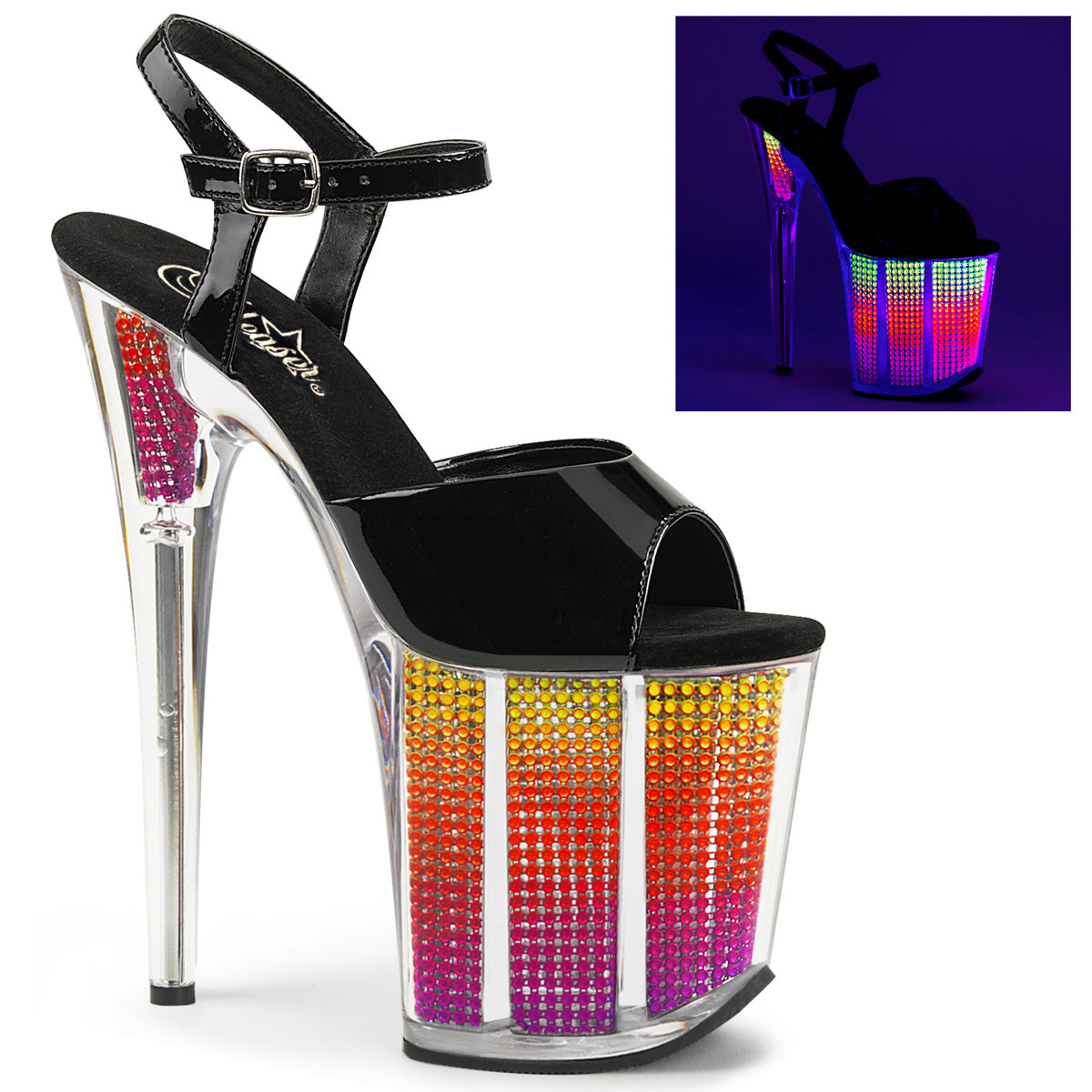 Pleaser Womens Sandals FLAMINGO-809SRS Blk Pat/Neon Multi SRS