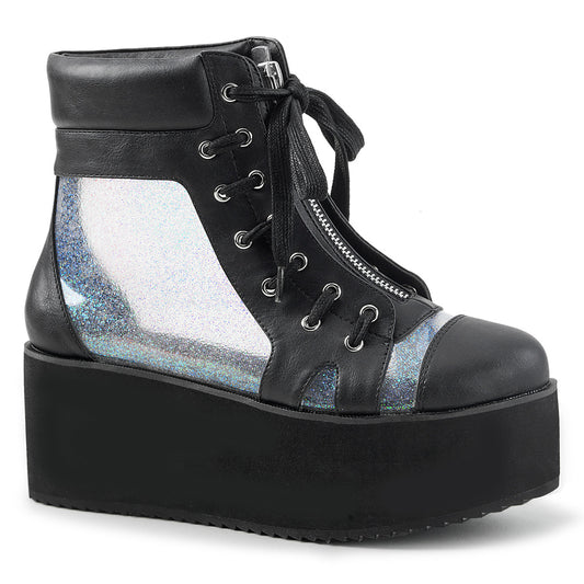 DemoniaCult Womens Ankle Boots GRIP-102 Blk Vegan Leather-Clr Hologram TPU