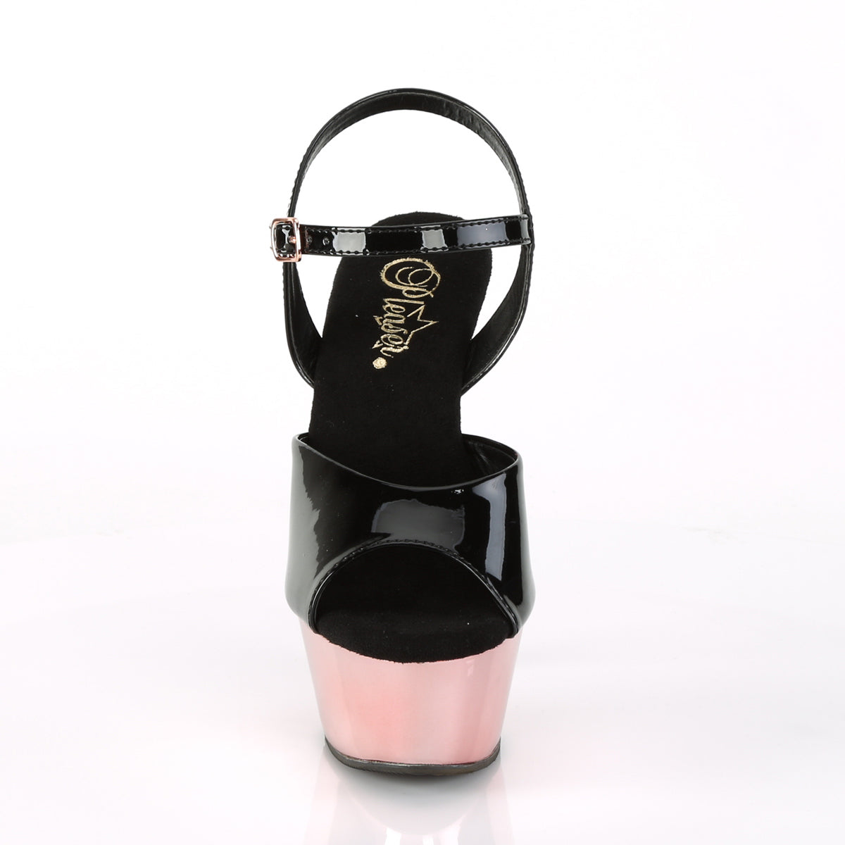 Pleaser Womens Sandals KISS-209 Blk Pat/Rose Gold Chrome