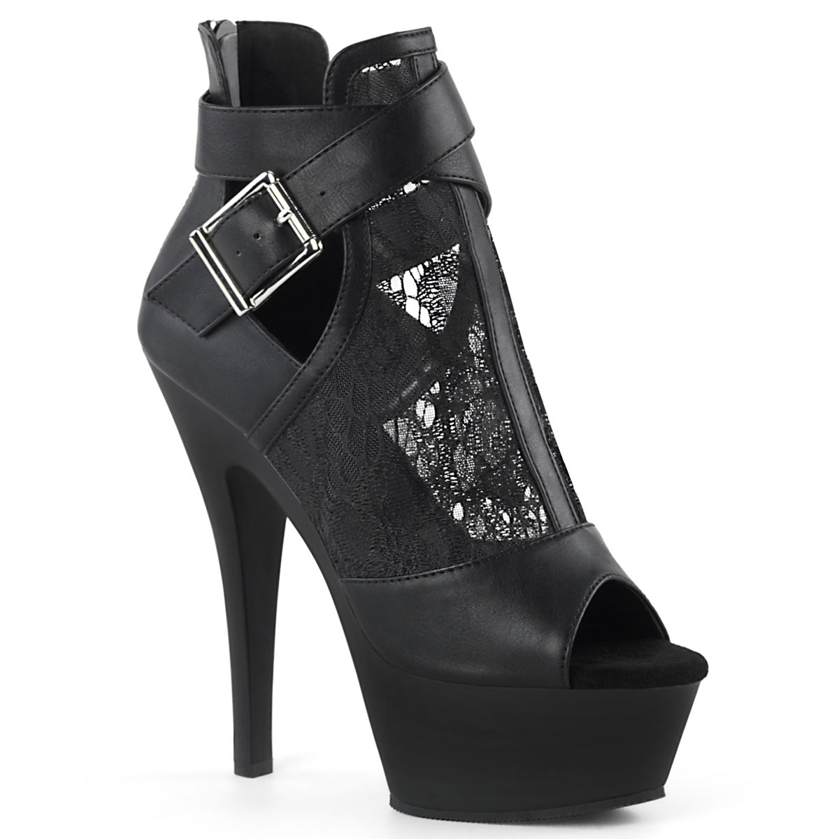Pleaser Womens Sandals KISS-257 Blk Faux Leather-Lace-Mesh/Blk Matte