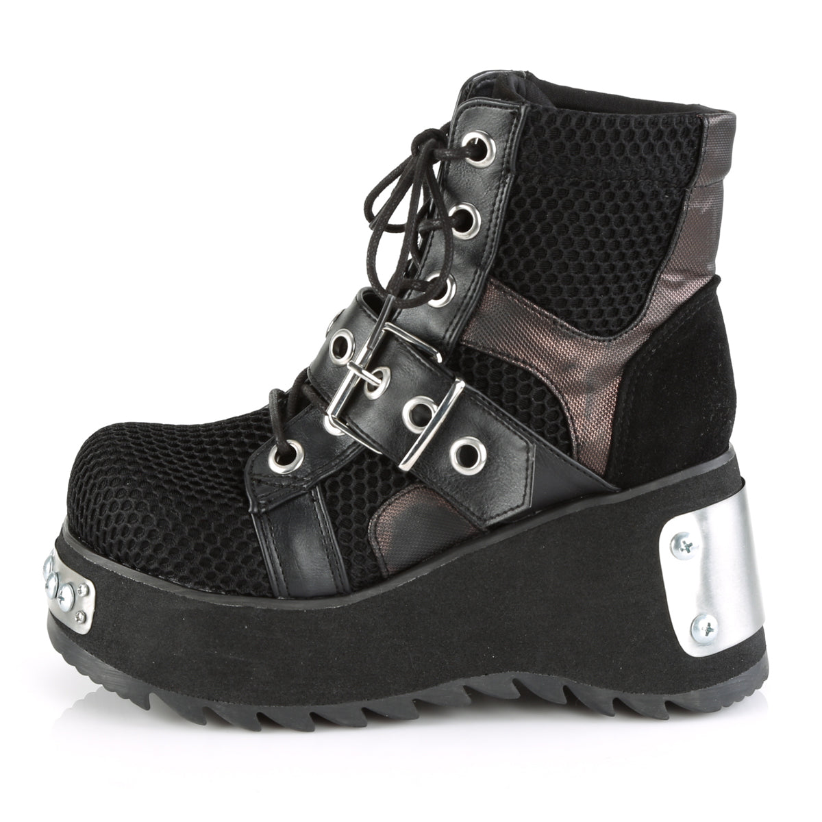 DemoniaCult Womens Ankle Boots SCENE-53 Blk Vegan Leather-Fishnet Fabric
