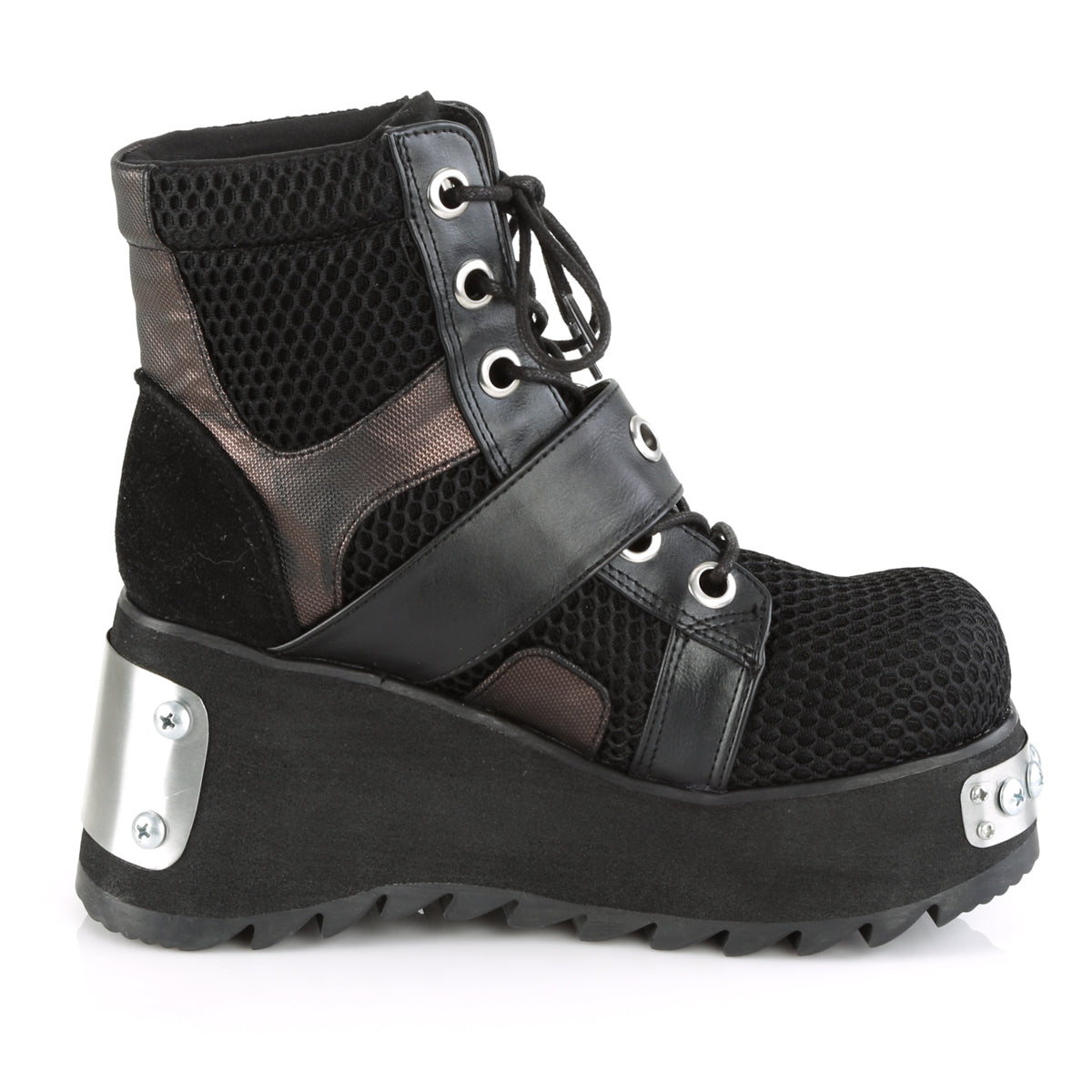 DemoniaCult Womens Ankle Boots SCENE-53 Blk Vegan Leather-Fishnet Fabric