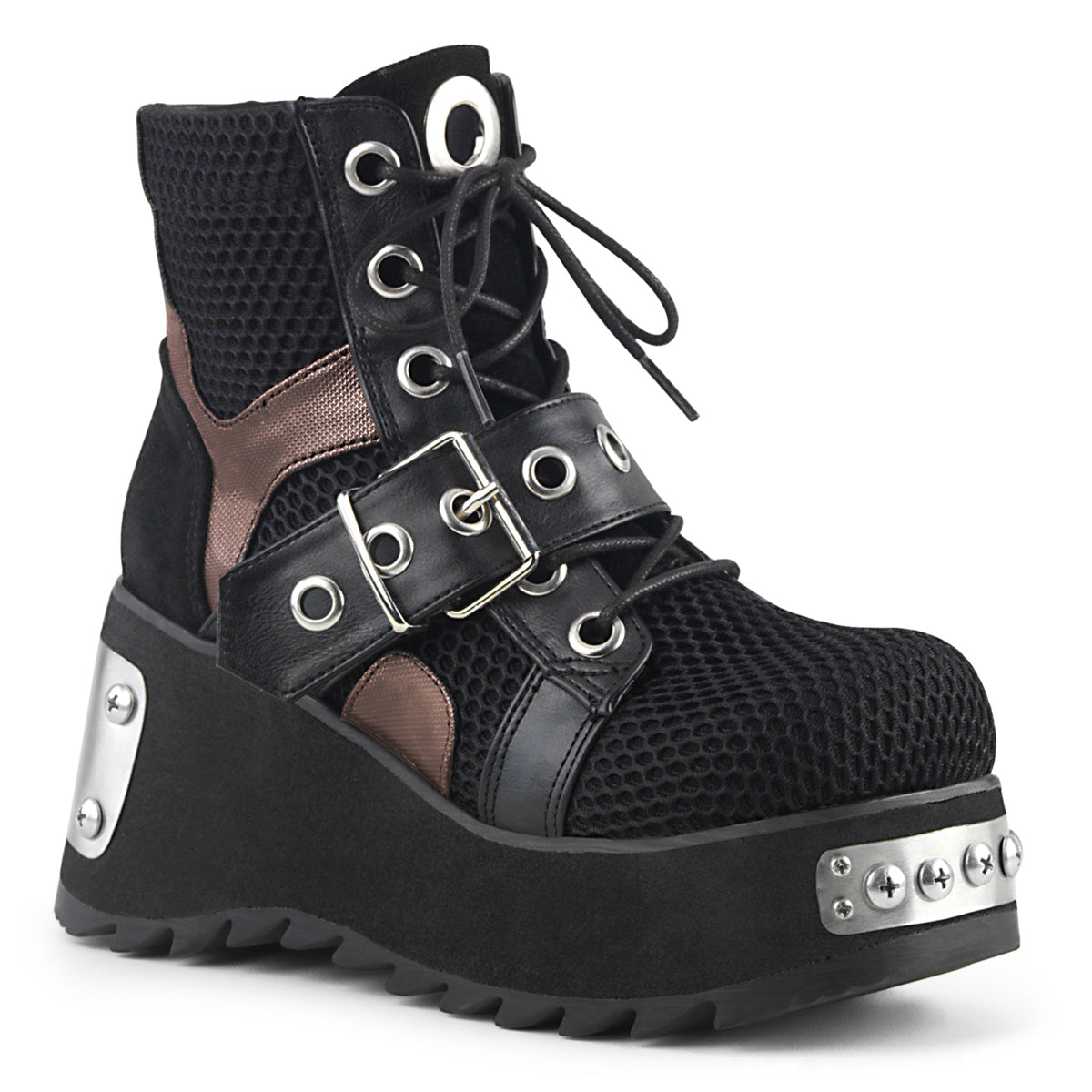 DemoniaCult Womens Ankle Boots SCENE-53 Blk Vegan Leather-Fishnet Fabric