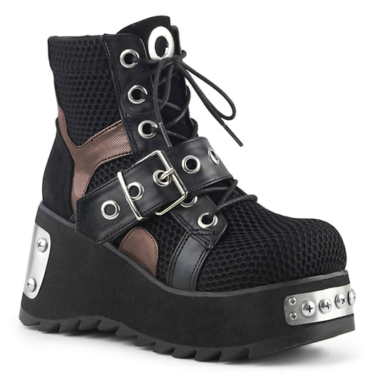 DemoniaCult Womens Ankle Boots SCENE-53 Blk Vegan Leather-Fishnet Fabric
