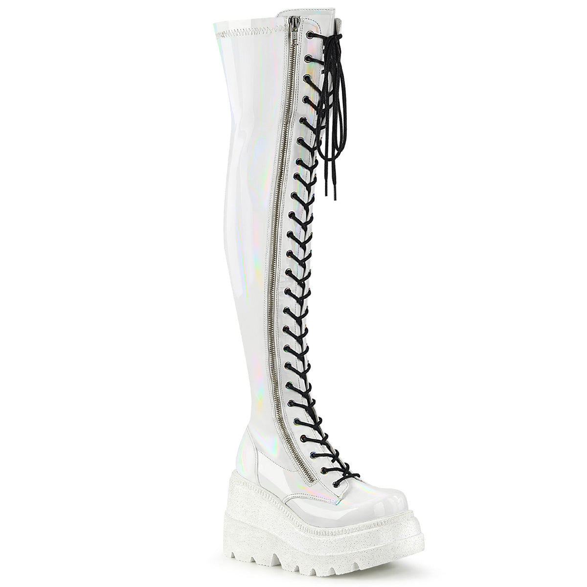 DemoniaCult Womens Boots SHAKER-374 Wht Hologram Stretch Patent