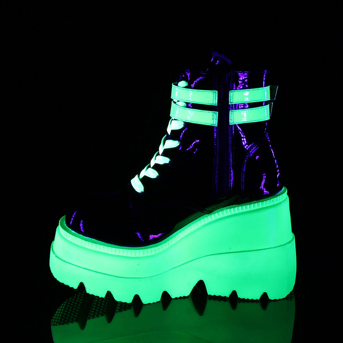 DemoniaCult Womens Ankle Boots SHAKER-52 Blk Pat-UV Neon Green