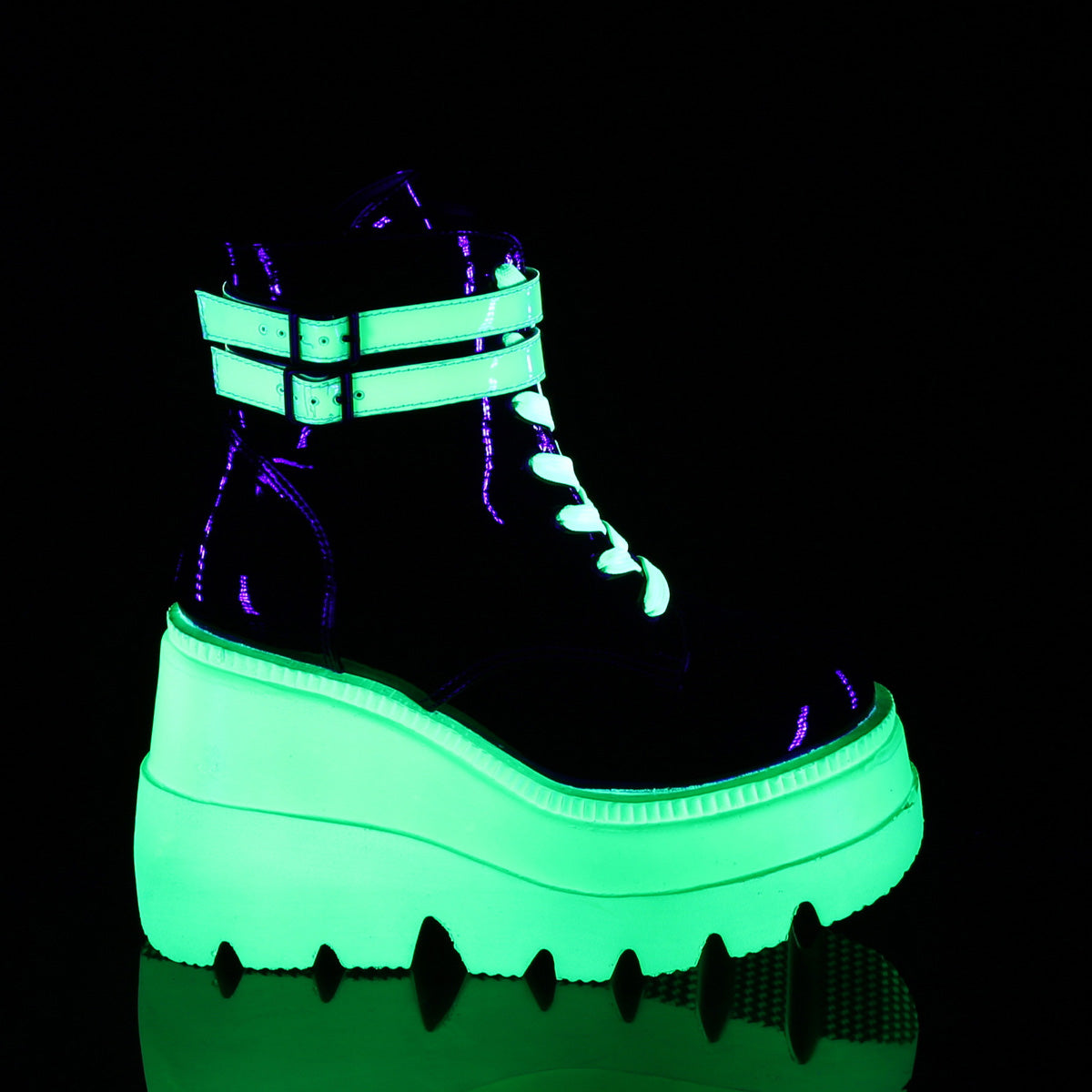 DemoniaCult Womens Ankle Boots SHAKER-52 Blk Pat-UV Neon Green