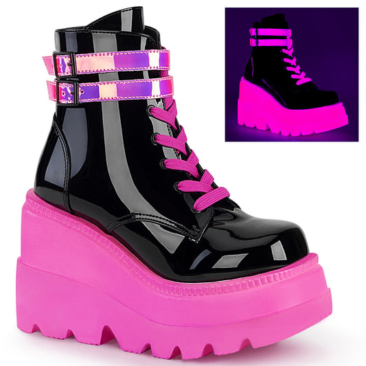 DemoniaCult Bottes de cheville des femmes SHAKER-52 blk pat-uv neon rose