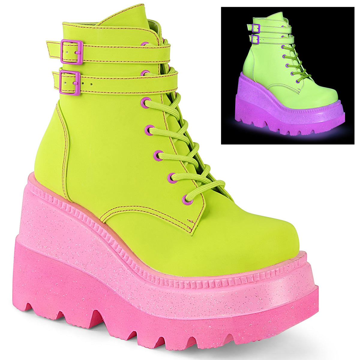 DemoniaCult Bottes de femmes SHAKER-52 cuir végétalien réfléchissant à la chaux / rose